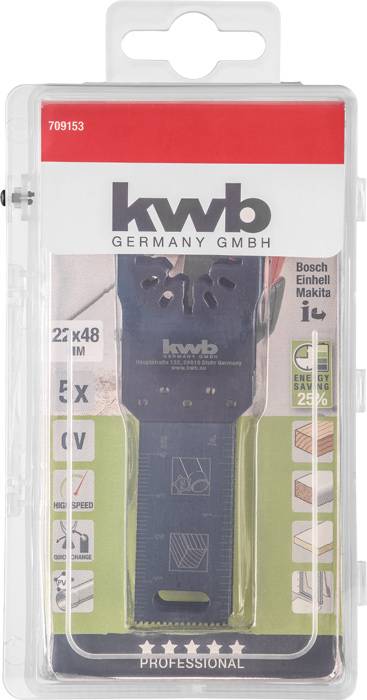 Emballage d'une lame de scie universelle KWB pour Bosch, Einhell, Makita. Contient des informations sur la compatibilité et les possibilités d'utilisation.