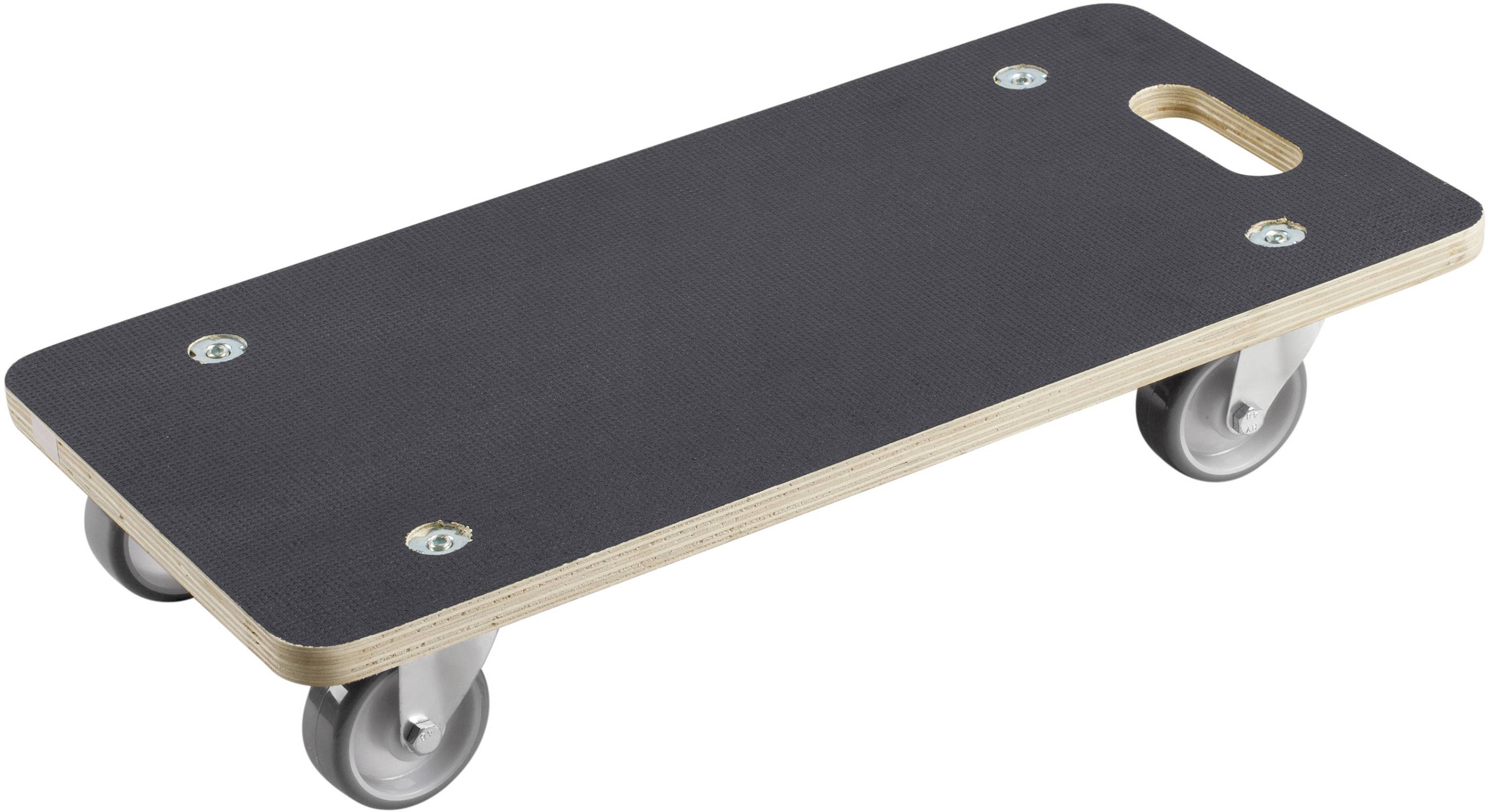 Petit chariot de transport rectangulaire à surface noire et quatre roues, adapté au transport de charges à l'intérieur.