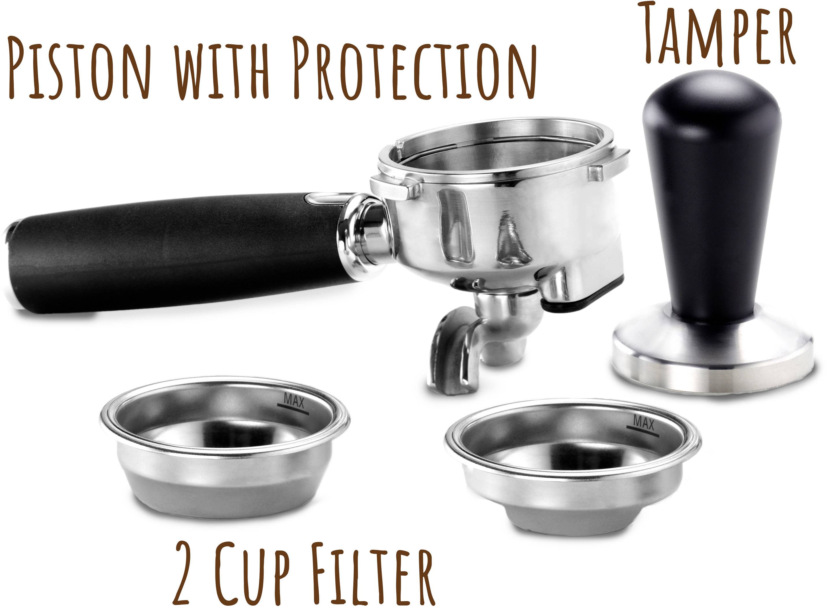 Accessoires pour machine à espresso : Porte-filtre avec poignée, tamper et deux filtres doubles.
