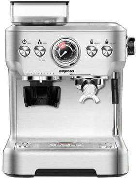 Machine à espresso argentée avec indicateur de pression et plusieurs boutons de réglage. Une buse à vapeur est située à droite.
