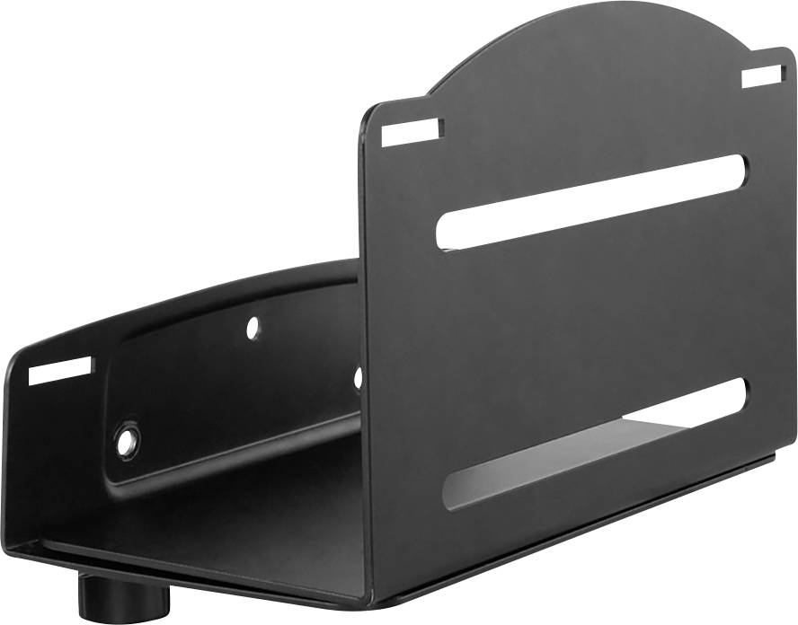 Corbeille de rangement en métal noir, rectangulaire avec des fentes latérales, adaptée à une fixation murale ou à un placement sur une surface plane.