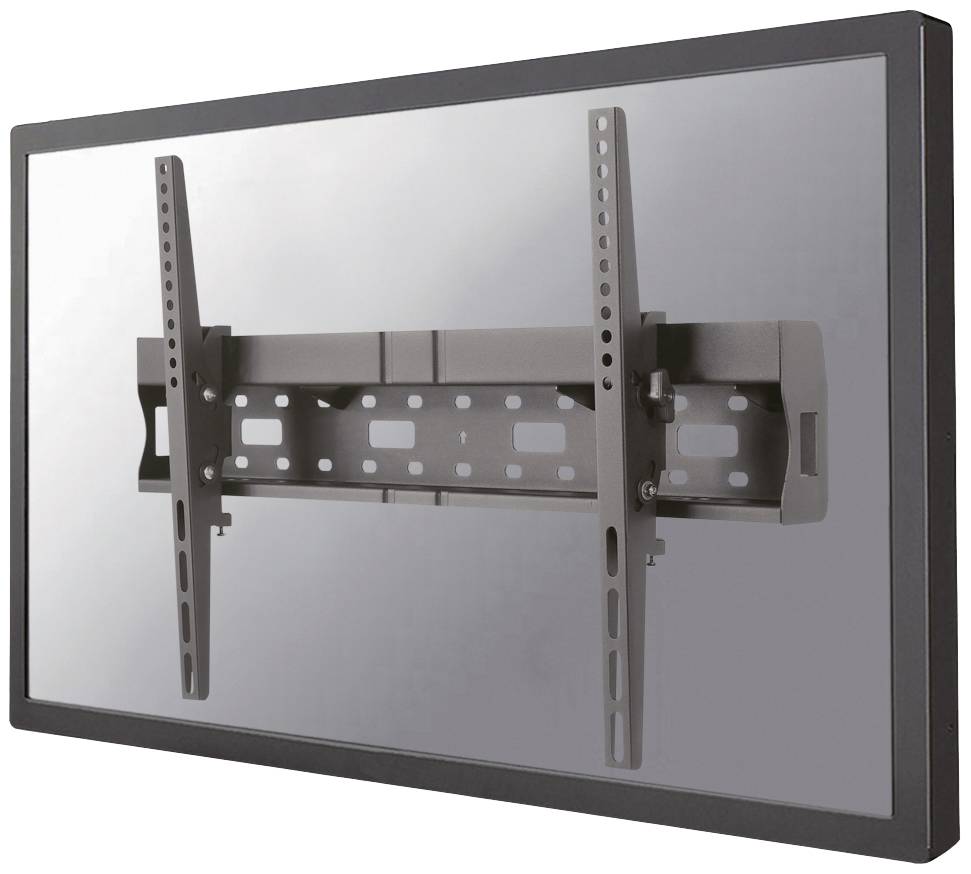 Support TV noir plat avec des bras articulés, installé sur une surface lisse et réfléchissante.