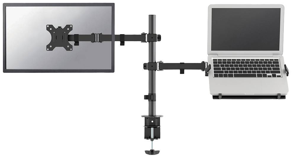 Support de moniteur double avec support pour ordinateur portable monté sur un support vertical. Un moniteur à gauche, un ordinateur portable à droite.