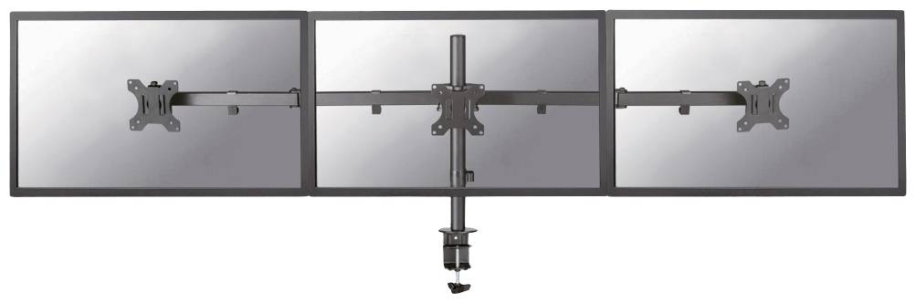 Support triple moniteur avec bras pivotants, fixé sur un bureau. Adapté pour trois écrans, disposés de manière symétrique.