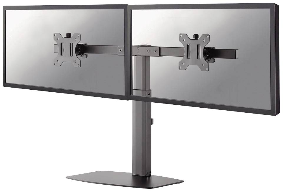 Un support de moniteur double en métal pour deux écrans, monté sur un socle robuste. Idéal pour un aménagement ergonomique du poste de travail.