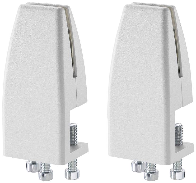 Deux pinces de fixation blanches en métal pour support de verre, avec des vis situées en dessous. Adaptées pour fixer des plaques de verre sur des tables ou d'autres surfaces.
