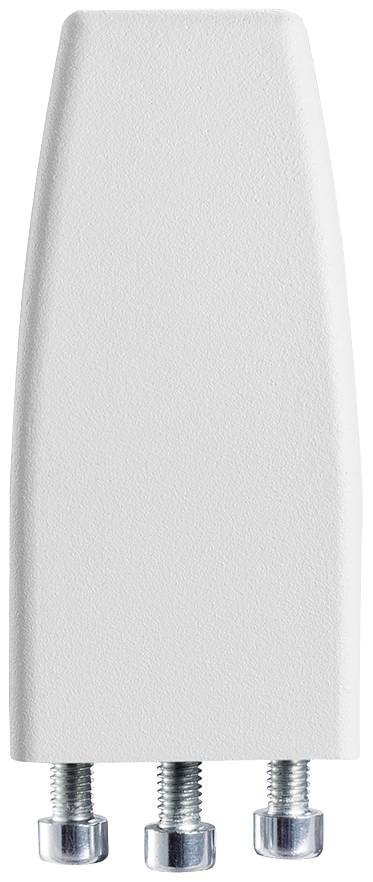 Un support en plastique blanc, de forme rectangulaire, muni de trois petites vis argentées sur sa face inférieure, sur un fond blanc.