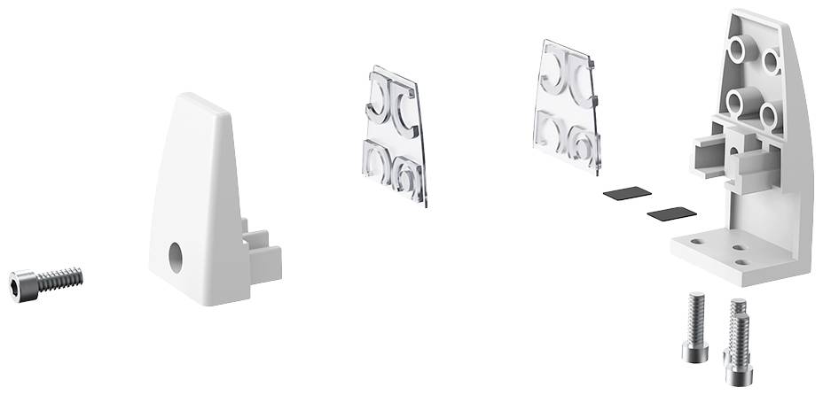 Éclaté d'un connecteur avec vis et composants individuels. Montre comment assembler les différentes pièces.