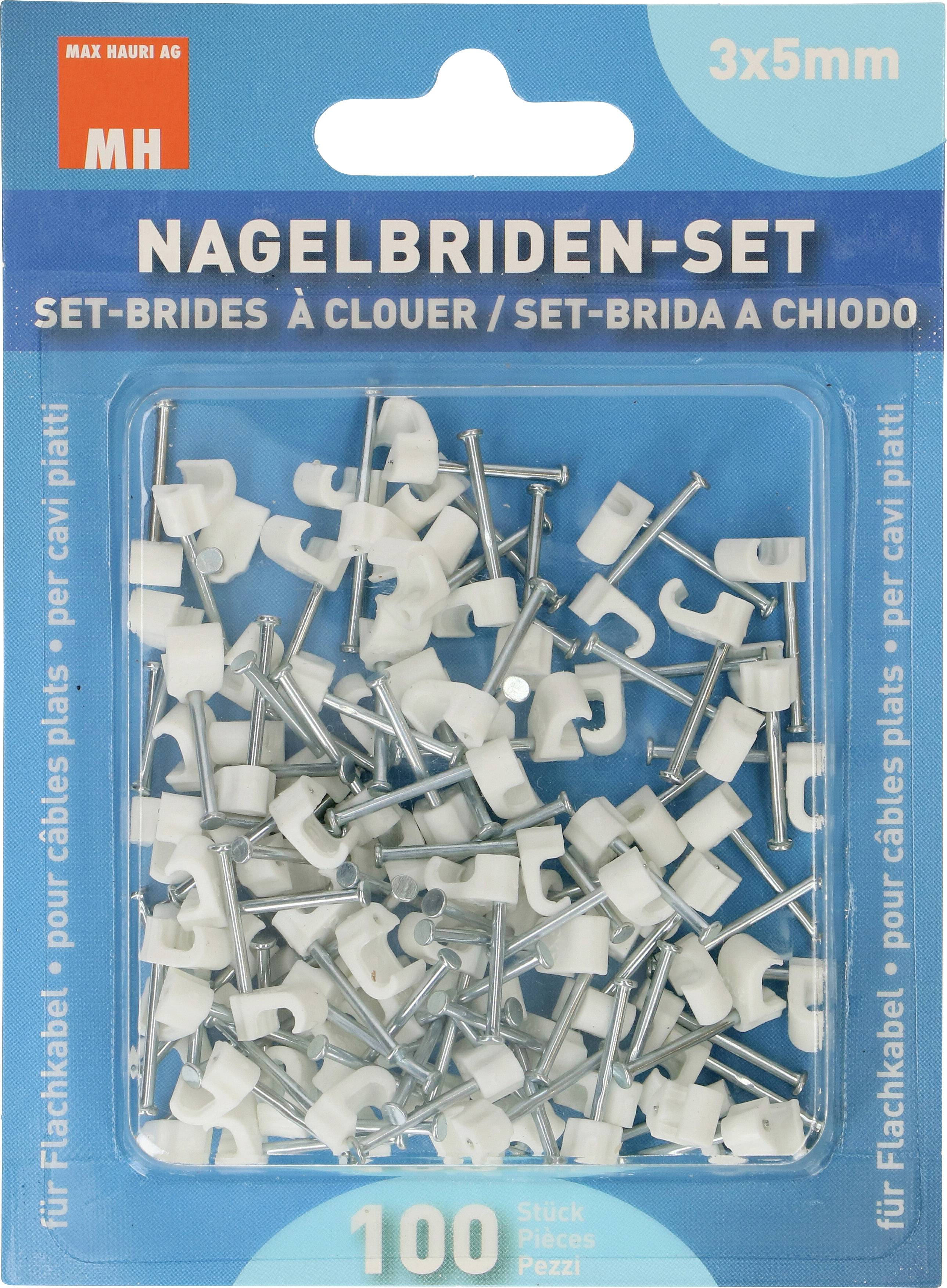 Emballage contenant un 'kit de supports de câbles', comprenant 100 attaches de câbles blanches à clous, adaptées aux câbles plats, taille 3x5mm.