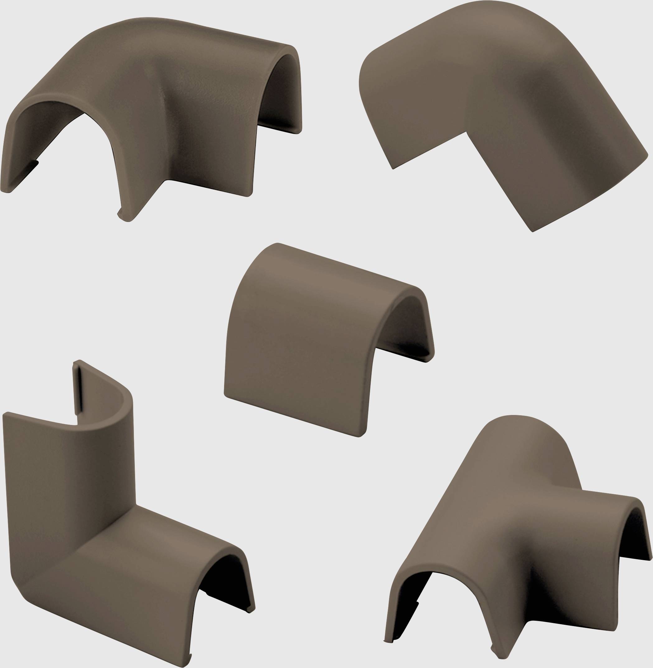 Cinq capuchons en plastique marron de formes diverses et angulées, adaptés pour protéger des câbles ou des tuyaux.