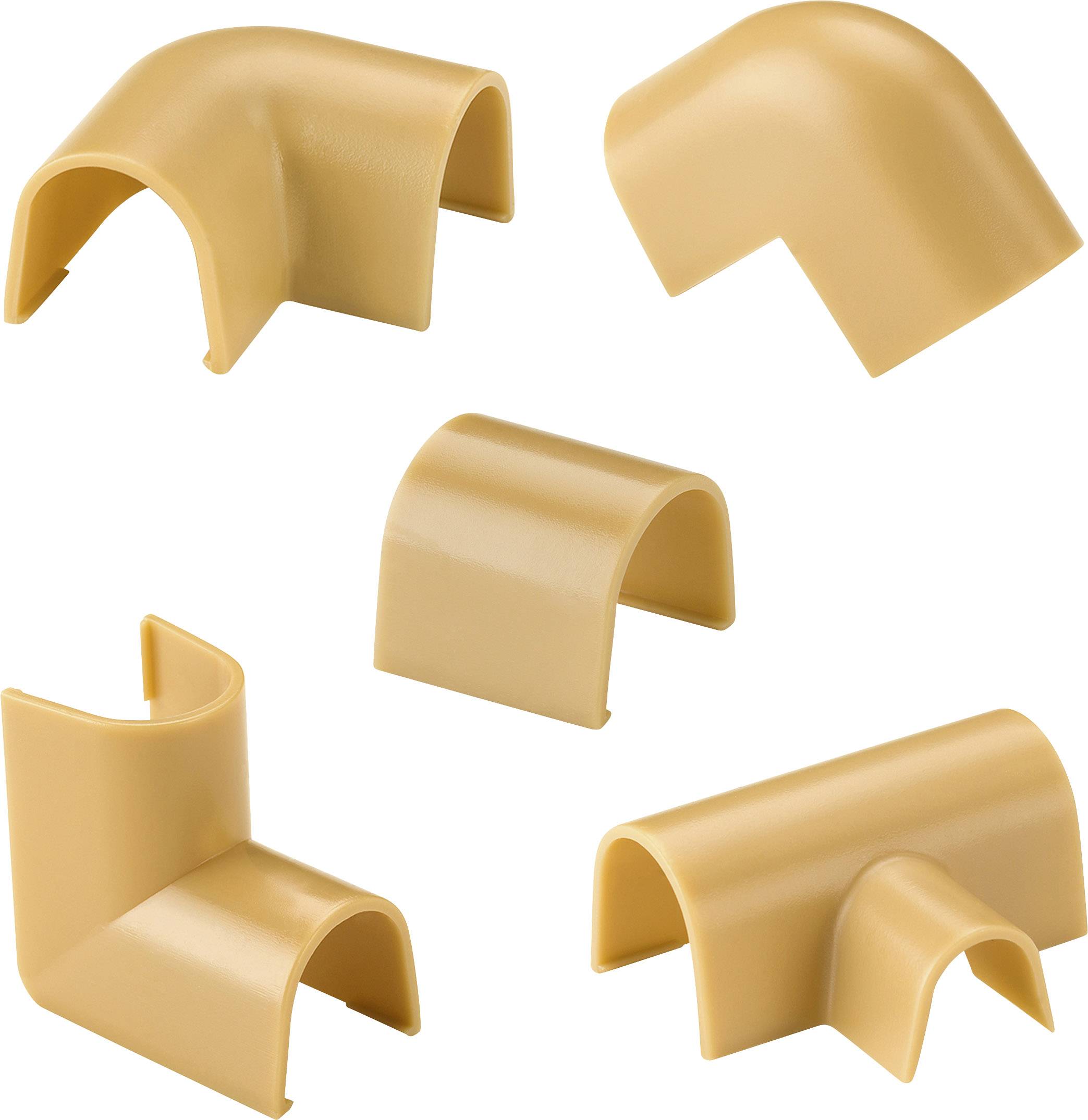 Cinq tuyaux coudes en plastique beige de différents angles et formes, disposés sur un fond blanc.