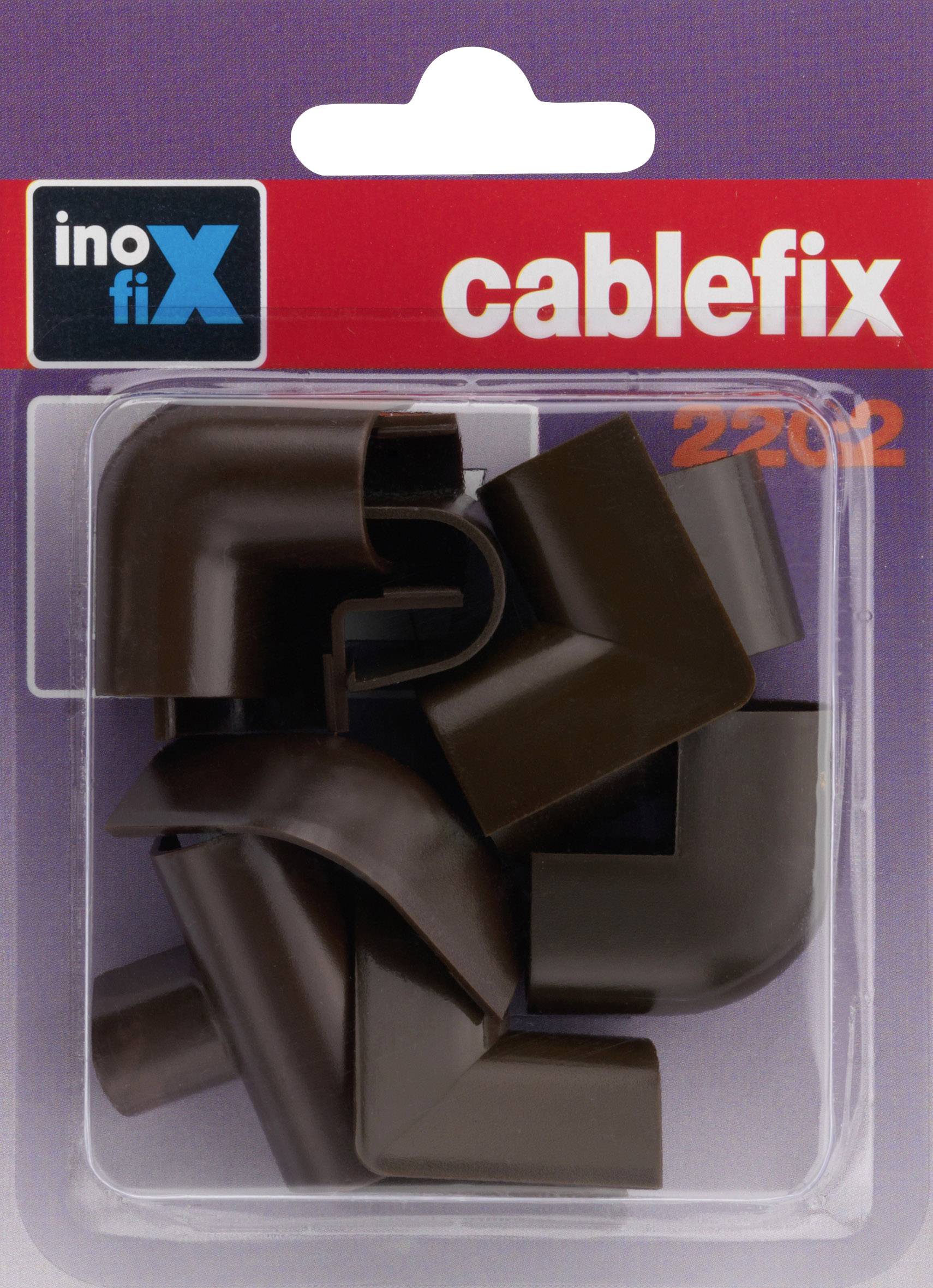 Caches d'angle pour câbles en plastique de couleur brun foncé, conditionnés dans un emballage blister transparent portant l'inscription 'cablefix'.