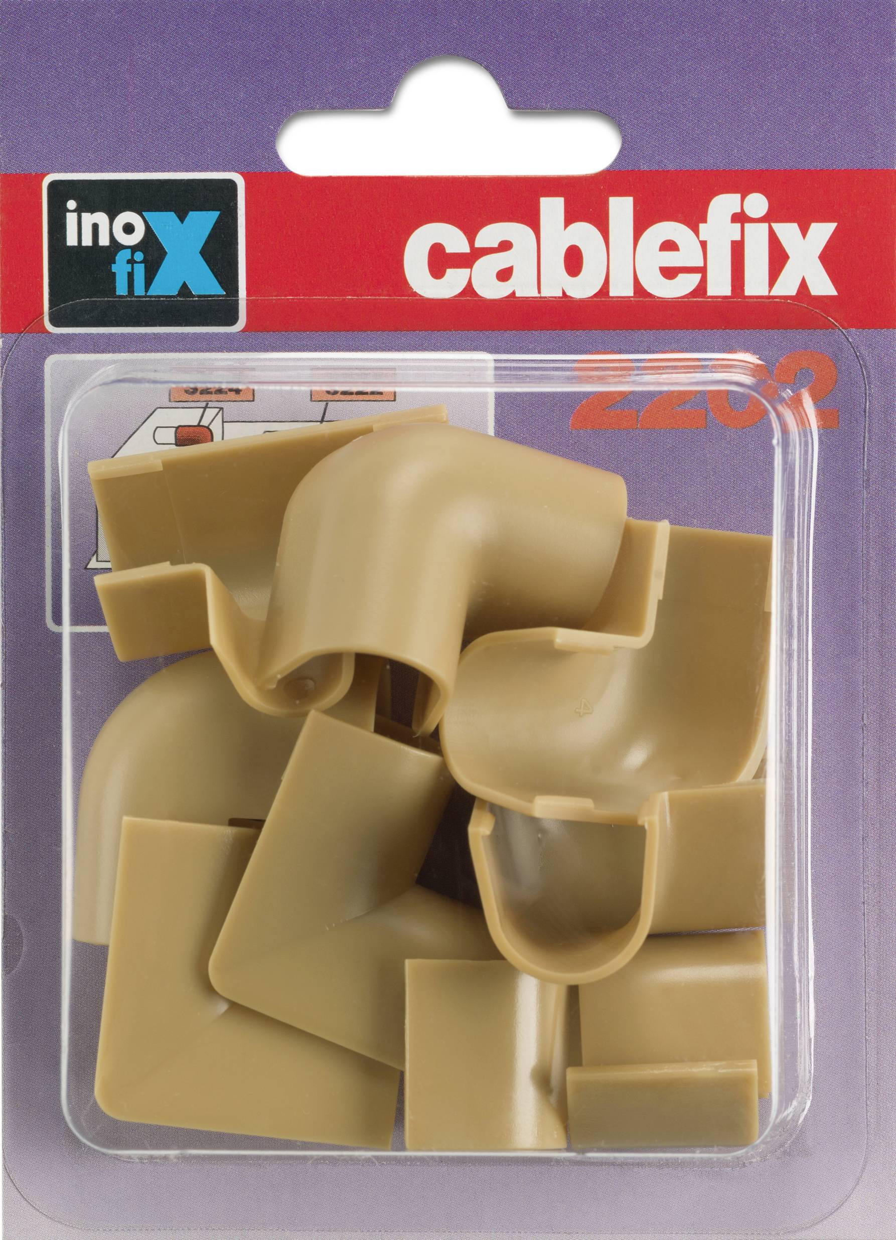 Emballage du 'Inofix cablefix 2202' avec des angles beiges pour la fixation de câbles sur les murs.