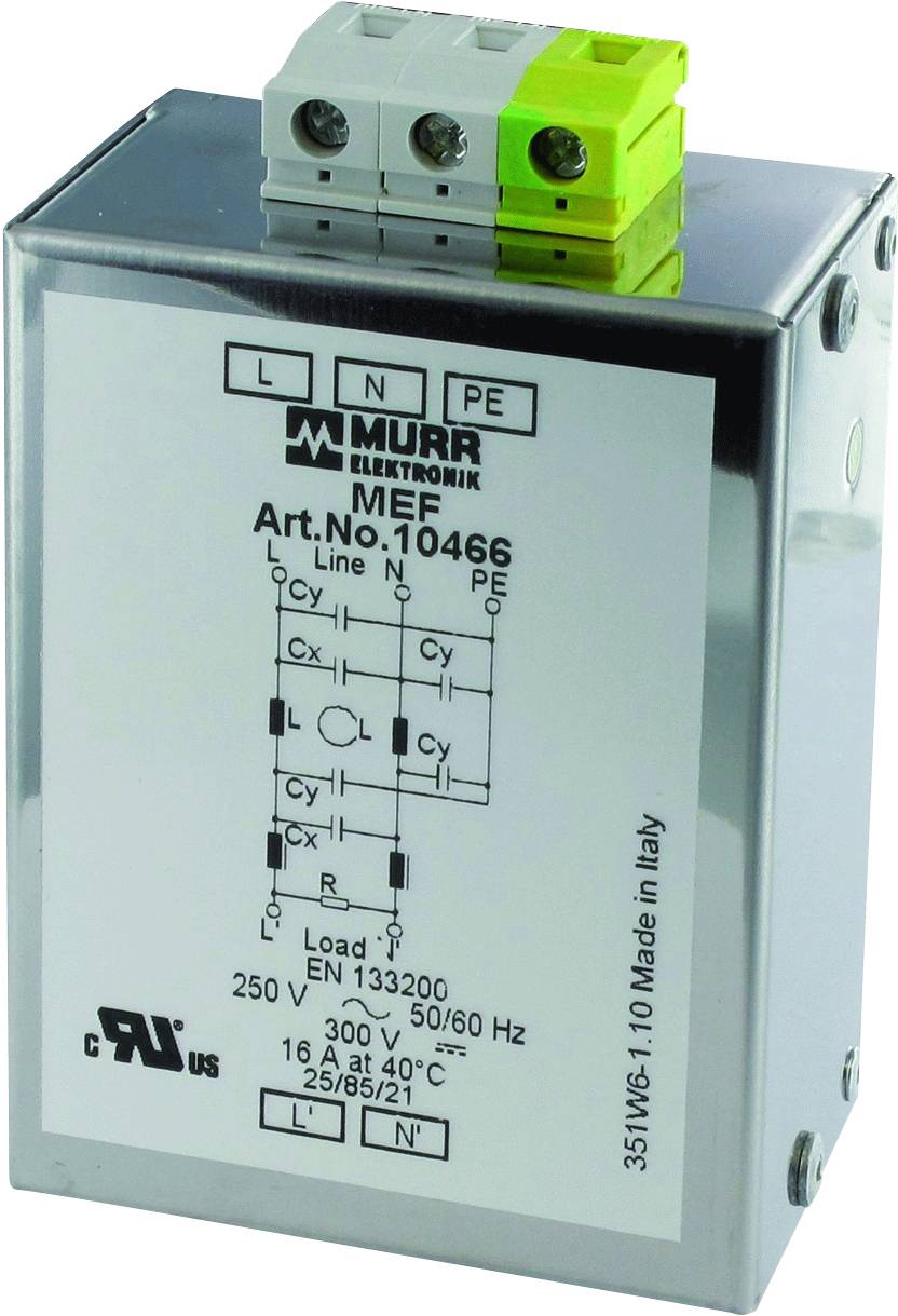 Boîtier métallique avec connexion verte et grise, diagramme et texte : MURR ELEKTRONIK MEE Réf. 10466, spécifications techniques.