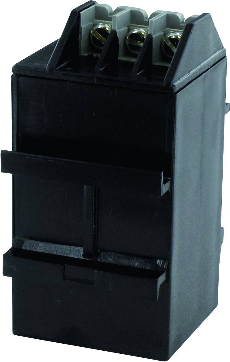 Une fiche électrique noire rectangulaire avec trois points de connexion en haut.