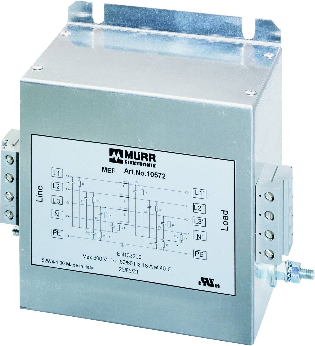 Appareil électrique argenté avec des connexions des deux côtés, montrant un schéma de circuit technique et des étiquettes sur la face avant.