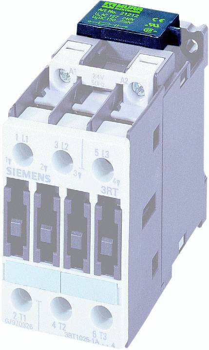 Ein elektrischer Schütz von Siemens in Grau und Schwarz, Modellnummer sichtbar unten. Es dient zum Schalten von elektrischen Stromkreisen.