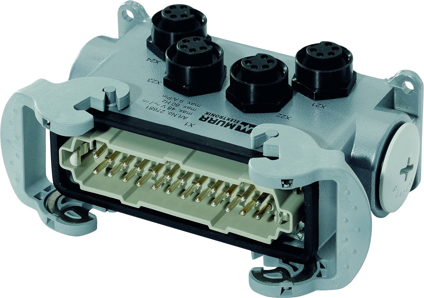 Un connecteur industriel à plusieurs prises rondes et un boîtier de fiche rectangulaire, adapté aux connexions de machines.