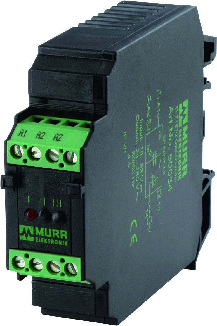 Un module de relais Murr Elektronik noir et vert avec plusieurs bornes de connexion, numéro de modèle 50034, adapté aux applications de commutation.