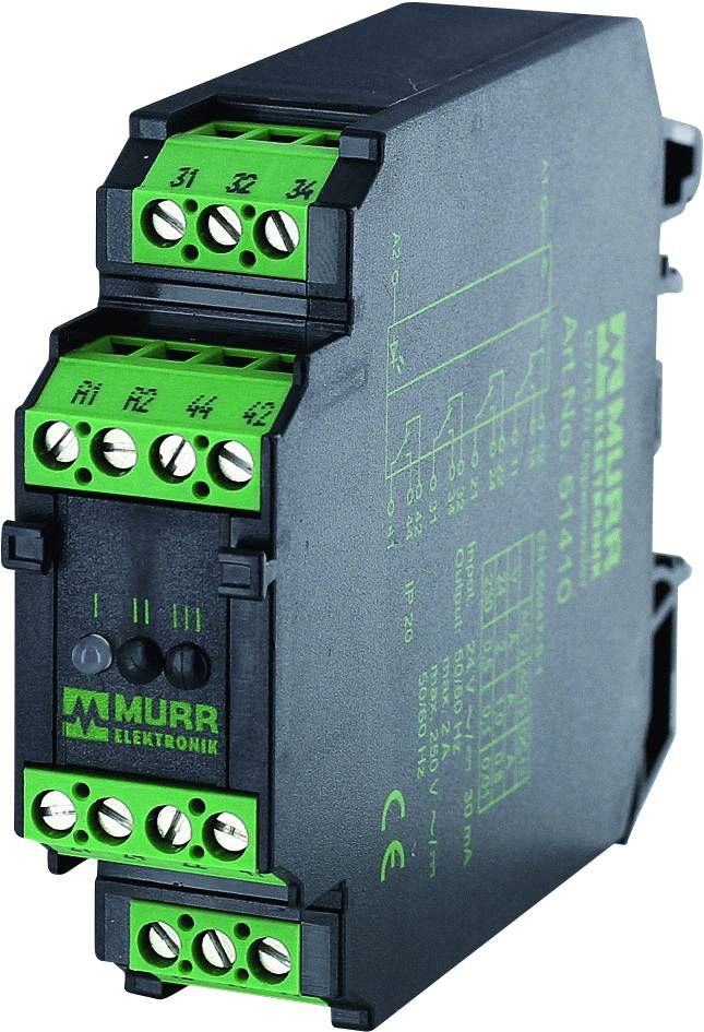 Un appareil électronique noir avec des bornes de connexion vertes. Inscription : 'Murr Elektronik' avec des spécifications techniques.