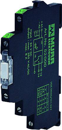 Un module électronique de Murr Elektronik, numéro d'article 52000, présente le schéma de circuit et les détails techniques sur la face avant.