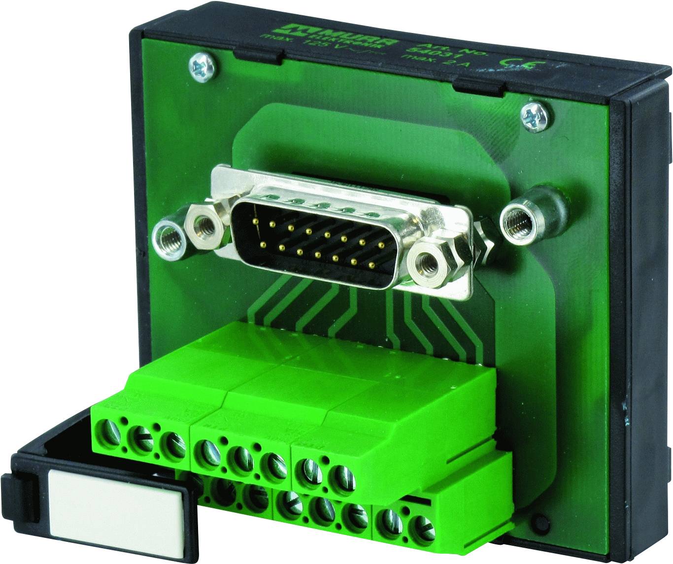 Circuit électronique avec un bornier vert et un connecteur D-Sub, typique des systèmes de contrôle industriels.