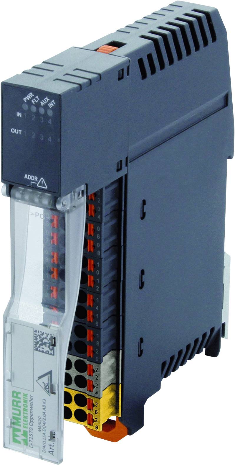 Un bloc modulaire électrique compact, noir avec un élément gris. Sur les côtés se trouvent des connexions rouges et oranges.