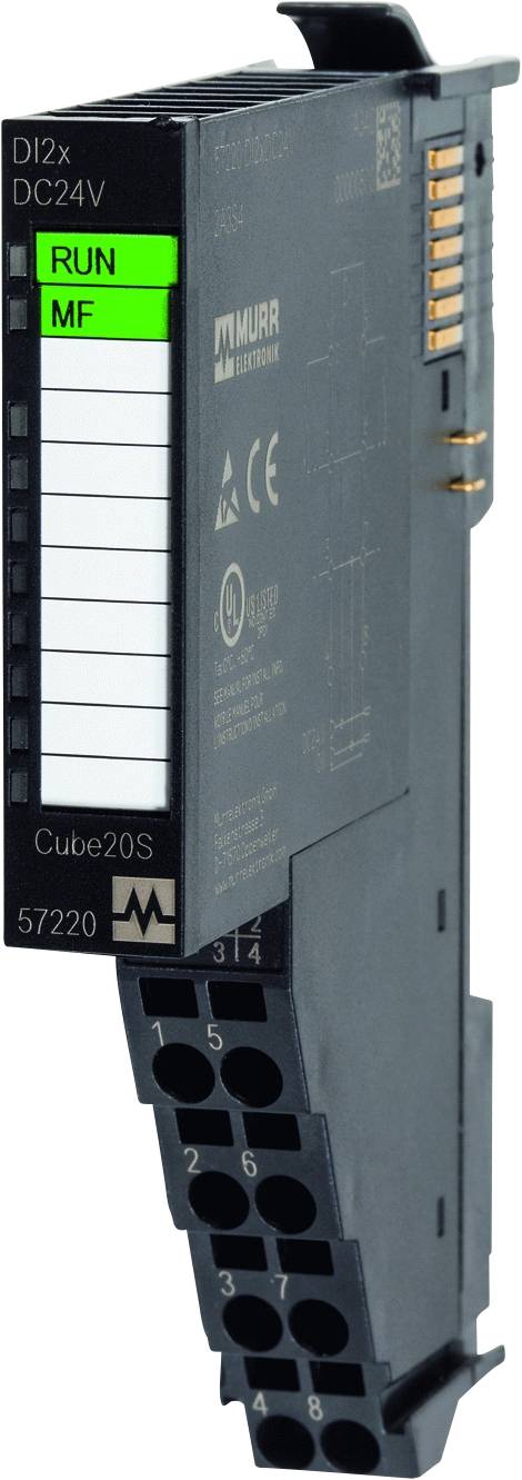 Un module électronique portant l'inscription 'RUN' et 'MF' en texte vert et noir. Marquage 'D12x DC24V Cube20S'.