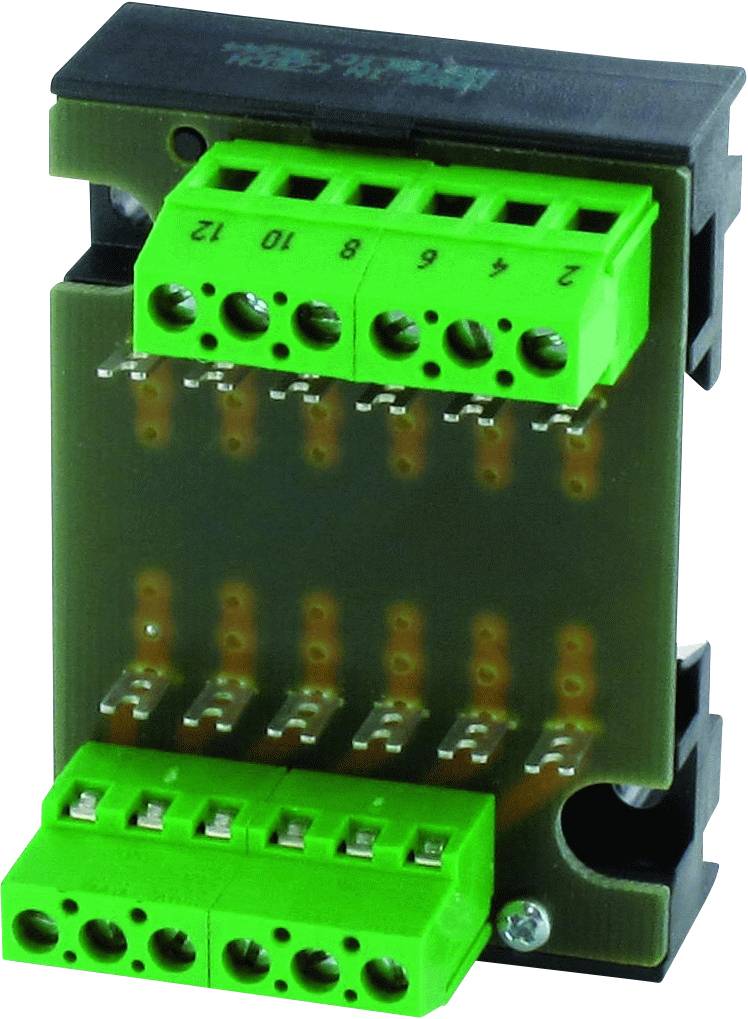 Bornier vert sur un boîtier en plastique noir, avec des points numérotés de 1 à 12, illustrant des composants de connexion électrique.