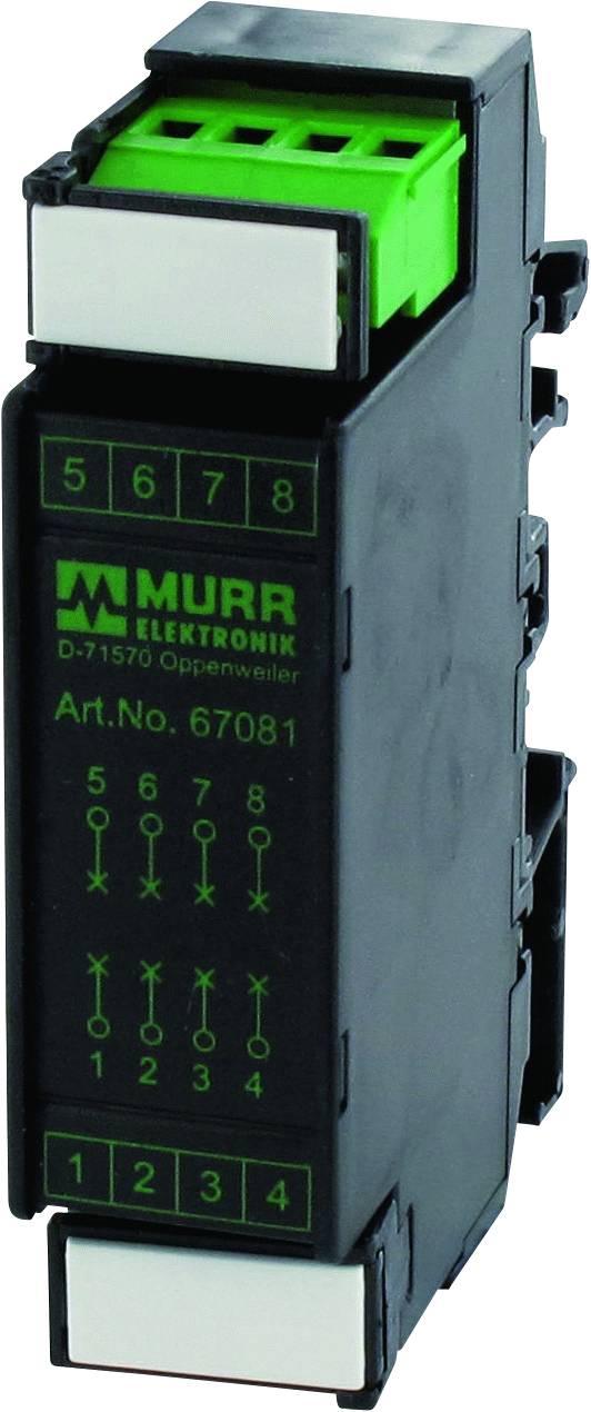 Composant électronique de Murr Elektronik avec connecteur vert, réf. 67081, utilisé pour la distribution de signaux électriques.