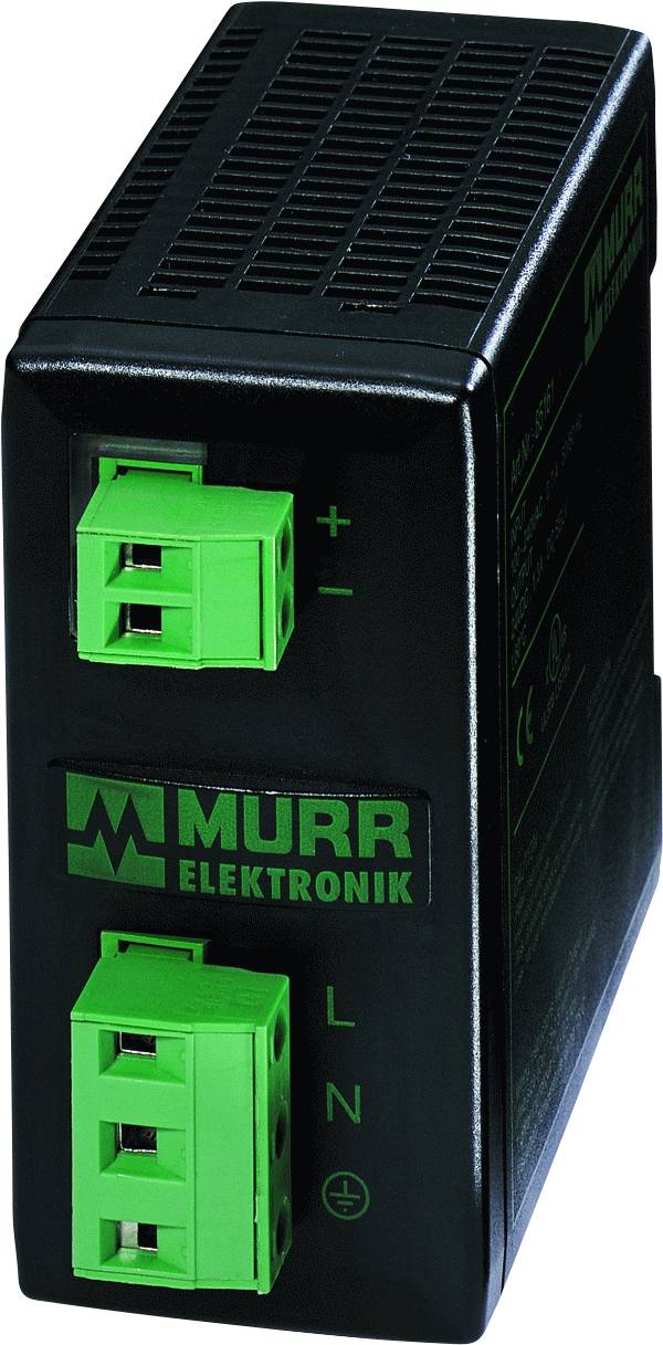 Appareil électronique noir avec des bornes de connexion vertes, étiqueté 'MURR ELEKTRONIK'. Les bornes sont marquées '+', 'L', 'N'.