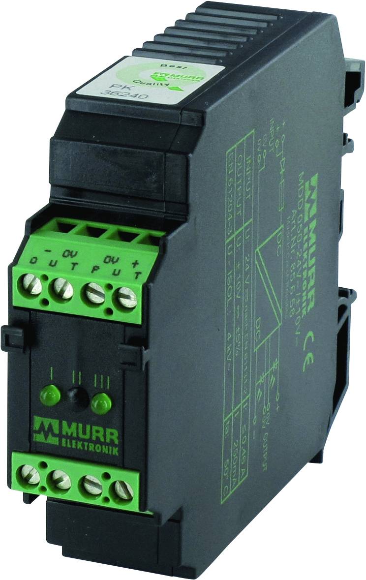 Un module électronique noir de Murrelektronik avec des bornes de connexion vertes et des spécifications techniques sur le côté.
