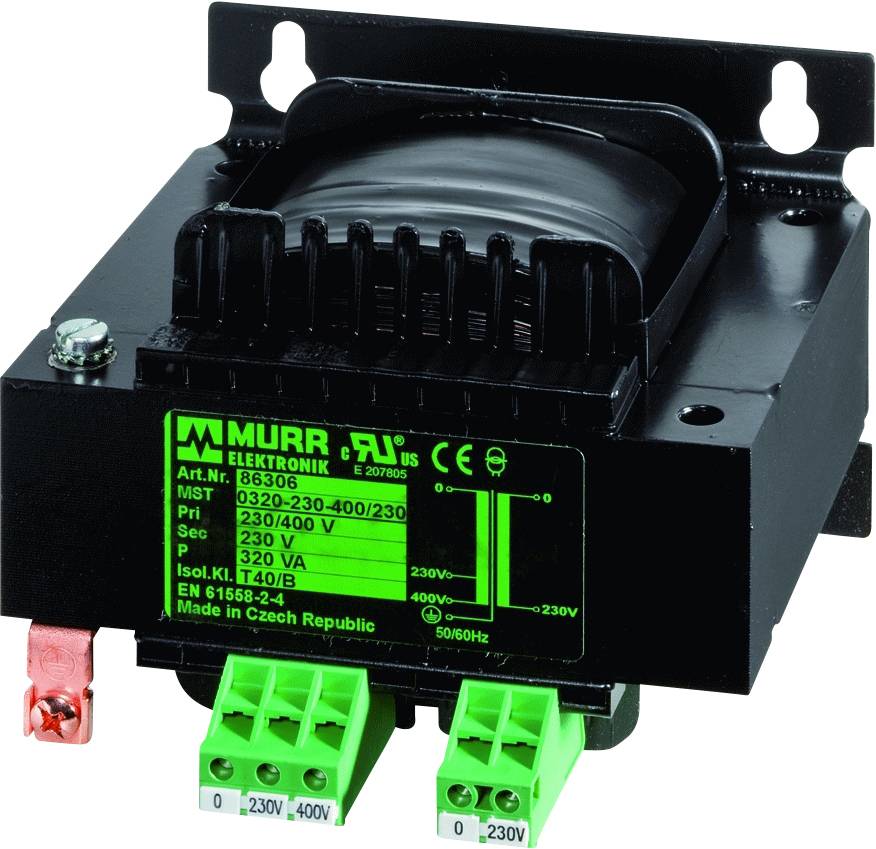 Transformateur électrique noir, numéro de modèle 86306, de Murr Elektronik. Convient pour 230/400 V.