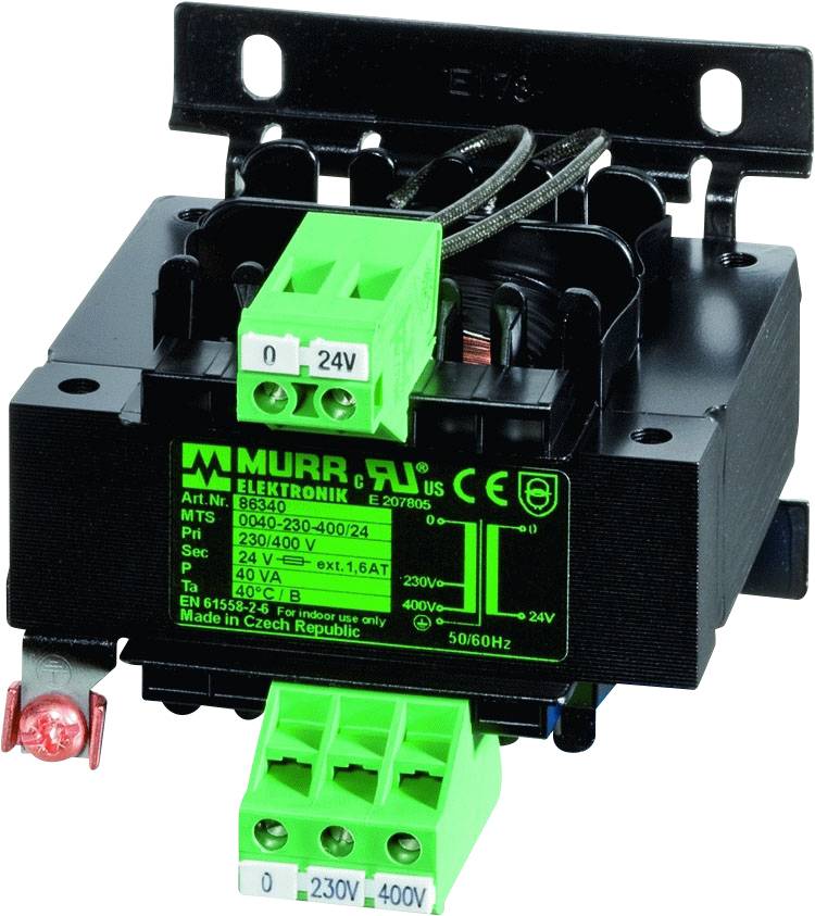 Transformateur électronique noir avec bornes de connexion vertes et un interrupteur rouge, conçu pour 230/400V, sortie 24V.