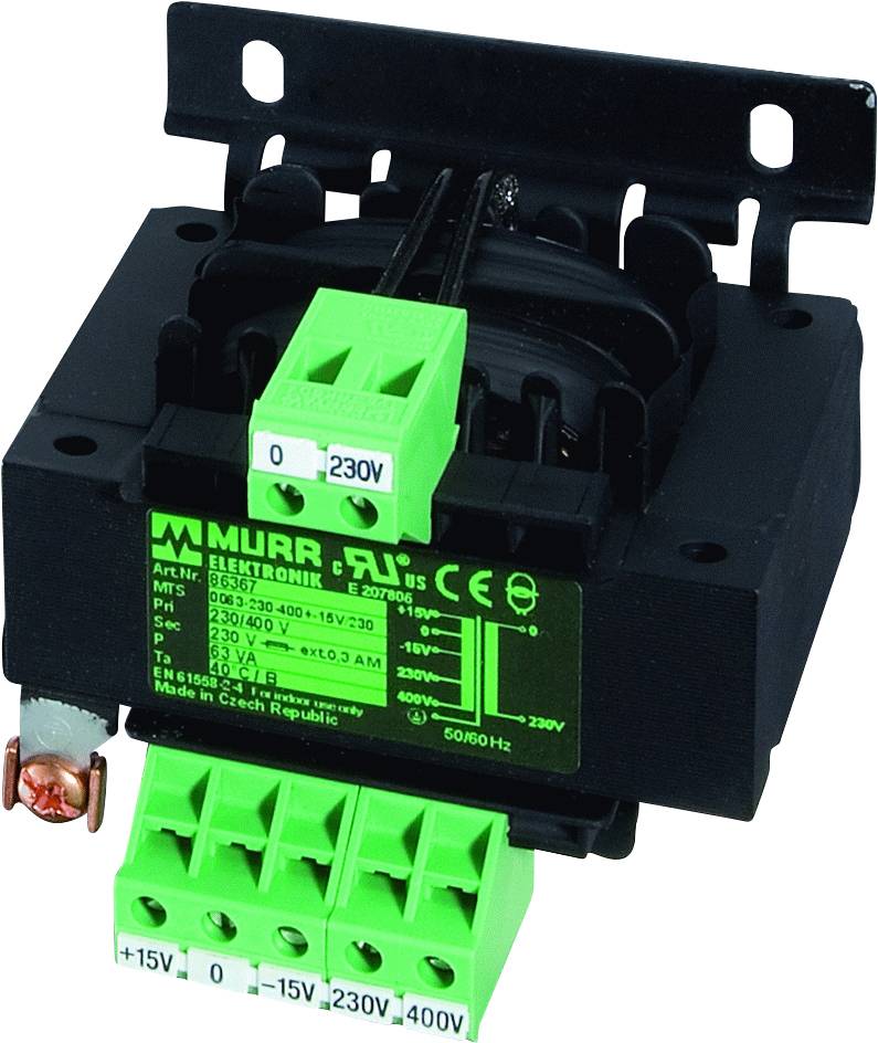 Un transformateur MURR avec des bornes de connexion vertes, détails techniques sur un boîtier noir. Sorties de tension : 0-15V, 0-230V, 0-400V.