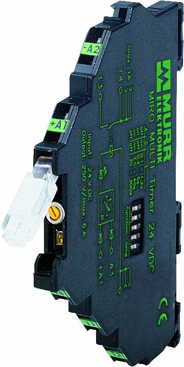Un relais électronique temporisé noir portant l'inscription 'Murr Elektronik'. Il dispose de plusieurs possibilités de connexion et présente un marquage vert.