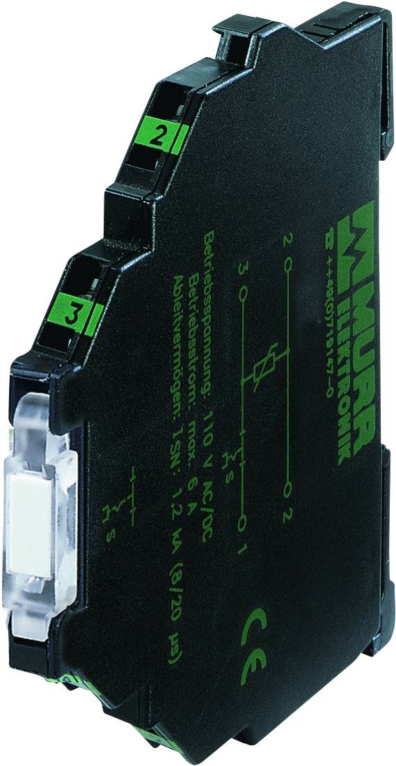 Un module électrique noir et élancé avec des marquages verts et des impressions de texte blanches. Il est utilisé pour des connexions électriques.