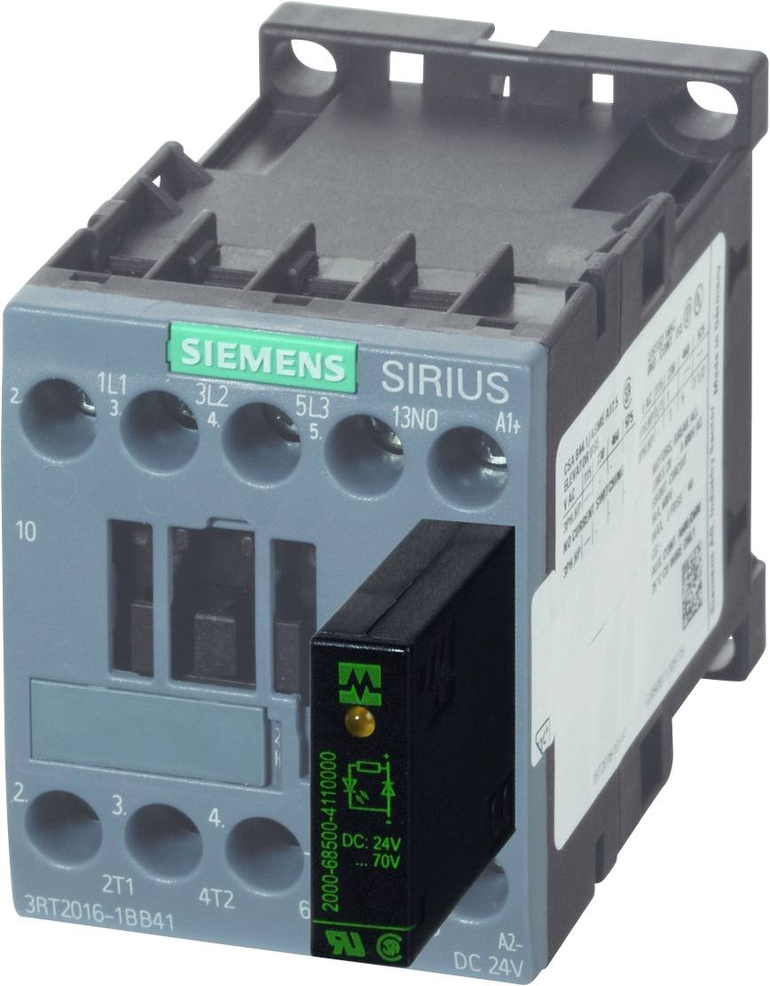 Un contacteur Siemens SIRIUS gris, numéro de modèle 3RT2016-1BB41, avec un module auxiliaire monté latéralement pour le contrôle et la commutation.