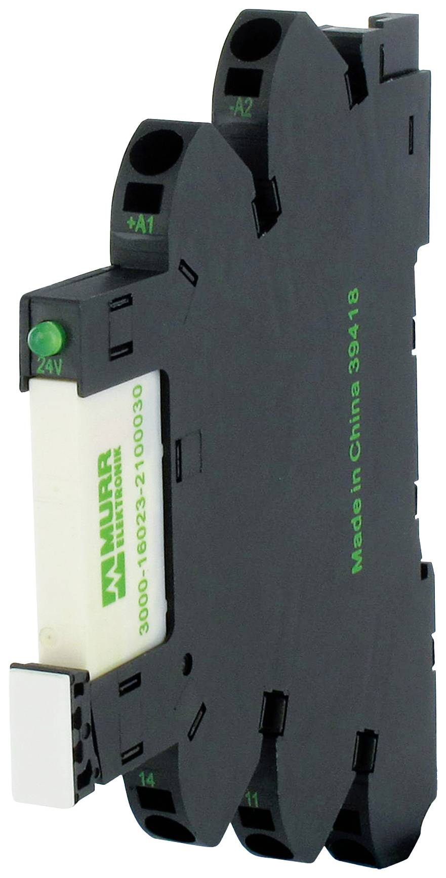Un module de relais électronique étroit et noir avec l'inscription verte 'MURR', une LED verte et plusieurs bornes de connexion pour un montage sur rail DIN.