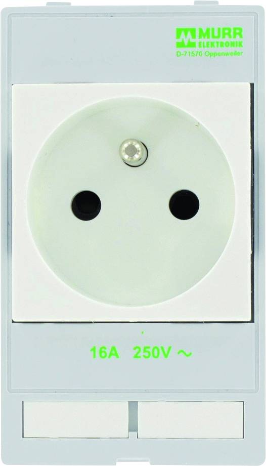 Prise électrique blanche à deux trous et une mise à terre. Indication : 16A 250V.