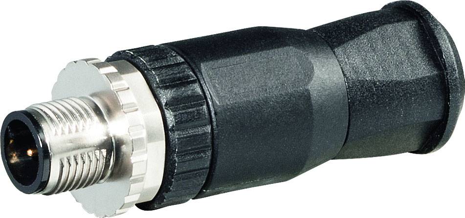 Connecteur électrique noir, cylindrique, avec filetage métallique et capuchon de protection. Adapté aux applications industrielles.