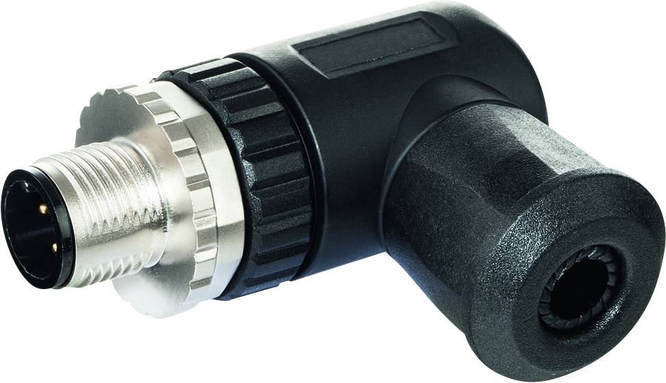 Connecteur coudé avec boîtier robuste et plusieurs broches métalliques, adapté aux applications industrielles.