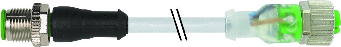 Deux connecteurs de câble gainés de plastique, l'un en noir, l'autre en vert, sont reliés par un câble à fibres optiques.