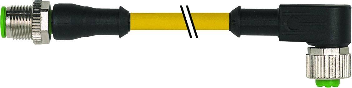 Câble de connexion jaune coudé avec fiches aux deux extrémités, adapté aux connexions de machines industrielles.