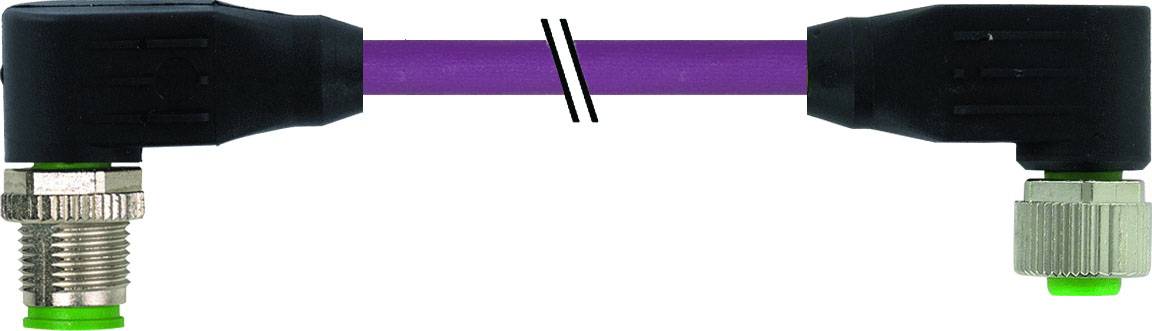 Un câble violet avec deux connecteurs rectangulaires noirs à chaque extrémité, chacun muni d'un anneau vert et de pièces métalliques argentées.