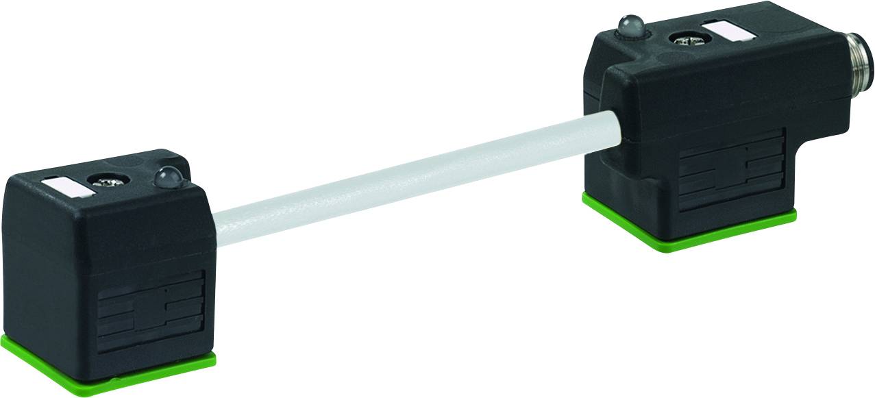 Un capteur rectangulaire noir avec deux trous filetés reconnaissables et un câble blanc reliant deux capteurs, posés sur des supports verts.