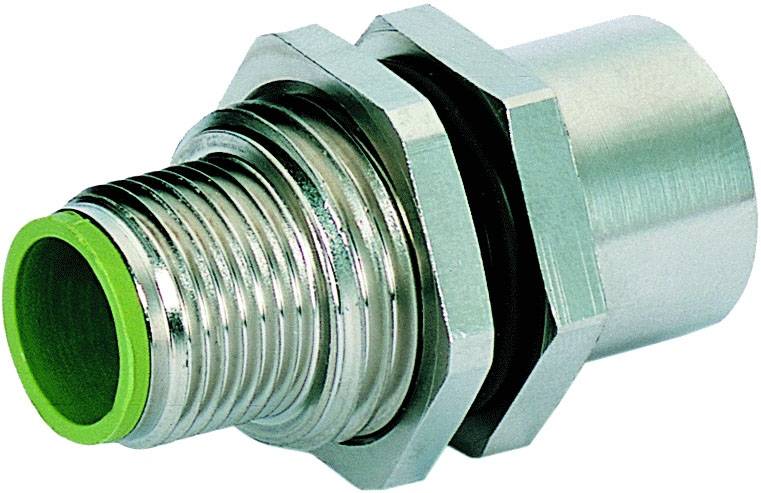 Un raccord métallique avec joint d'étanchéité vert, adapté aux systèmes pneumatiques ou hydrauliques.
