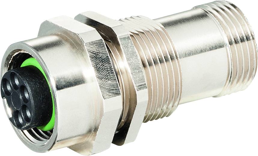Un connecteur industriel métallique avec un insert rond de couleur verte et cinq broches de connexion, adapté aux connexions électroniques.