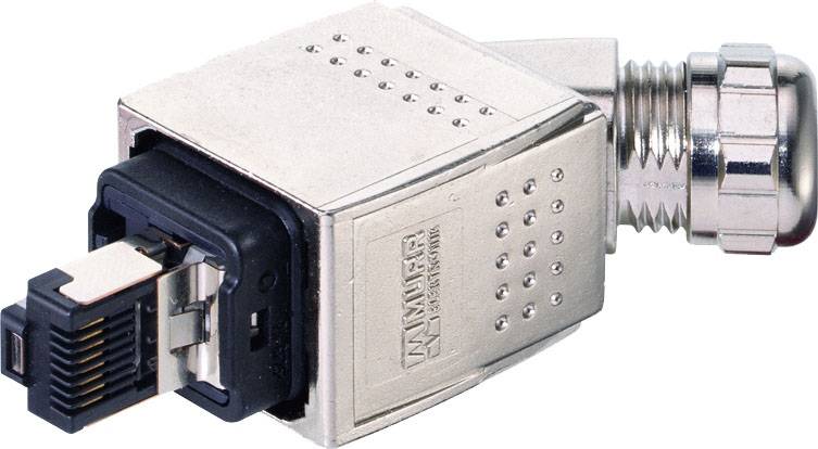 'Connecteur métallique à 90 degrés avec port RJ45 à une extrémité et connexion coaxiale à l'autre. Adapté pour les réseaux et les connexions TV.'