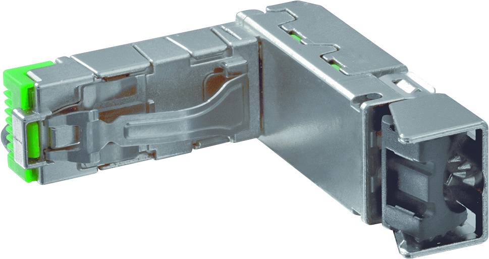 Un connecteur métallique en forme de L avec une extrémité verte, probablement un connecteur pour des applications électriques ou électroniques.